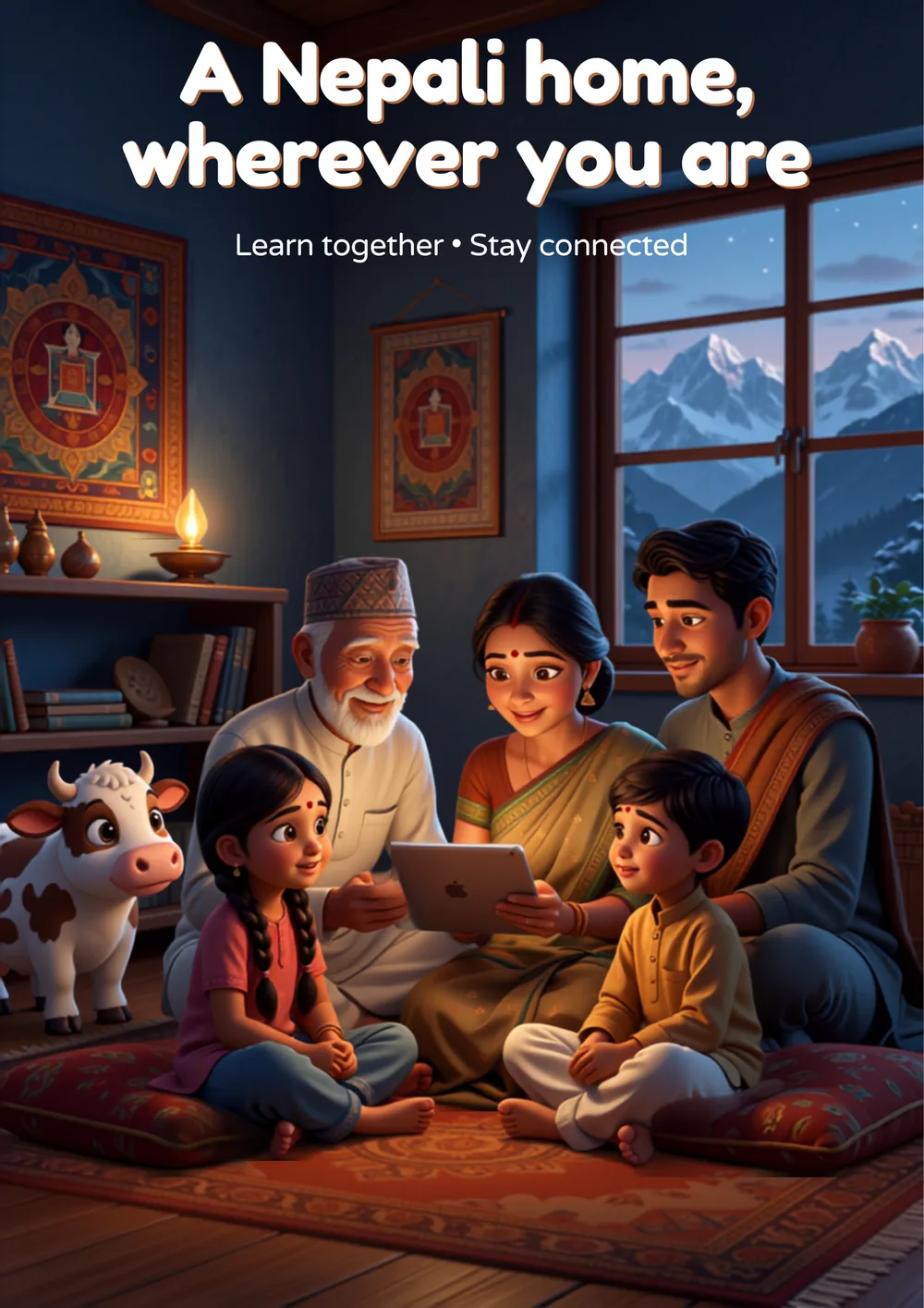A Nepali family — grandparents, parents, and kids — learning Nepali together around a tablet