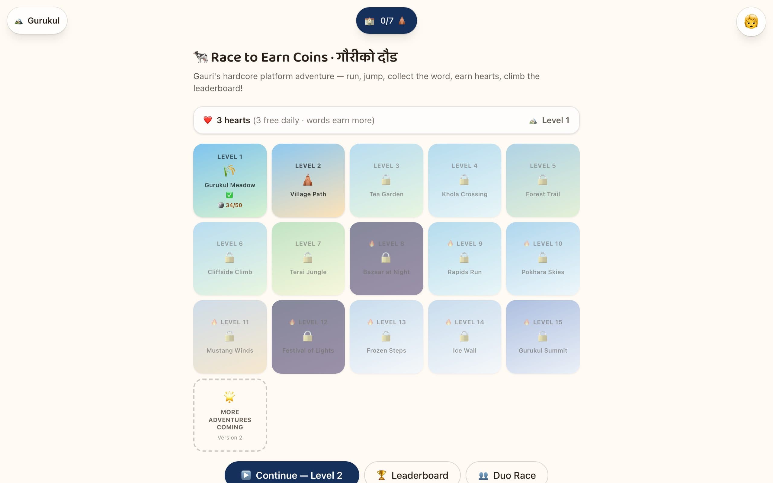 Race to Earn Coins — Gauri's platformer with fifteen levels and a Duo race