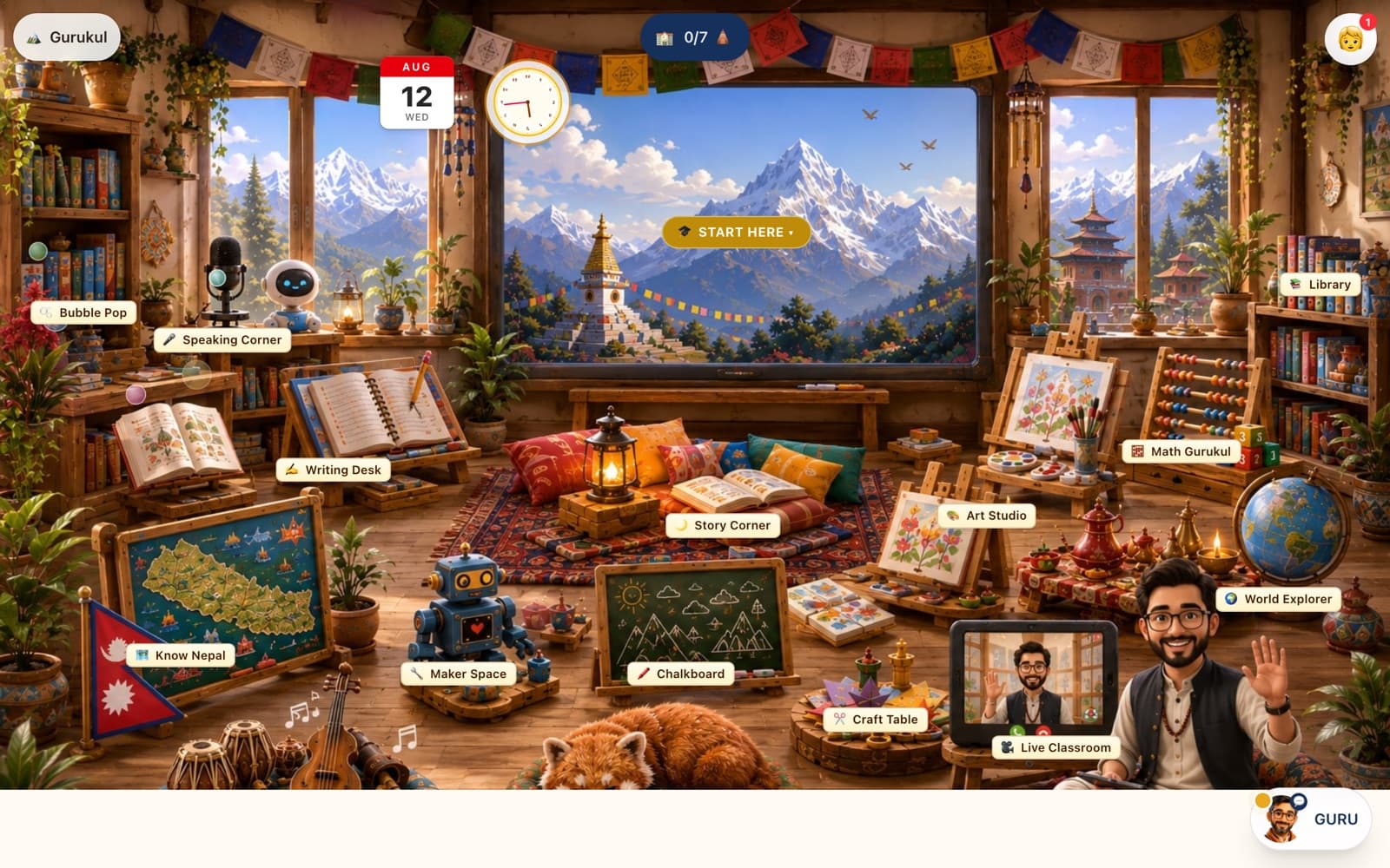 The Nepali classroom inside Nepali Gurukul — writing desk, story corner, speaking corner, maker space and more
