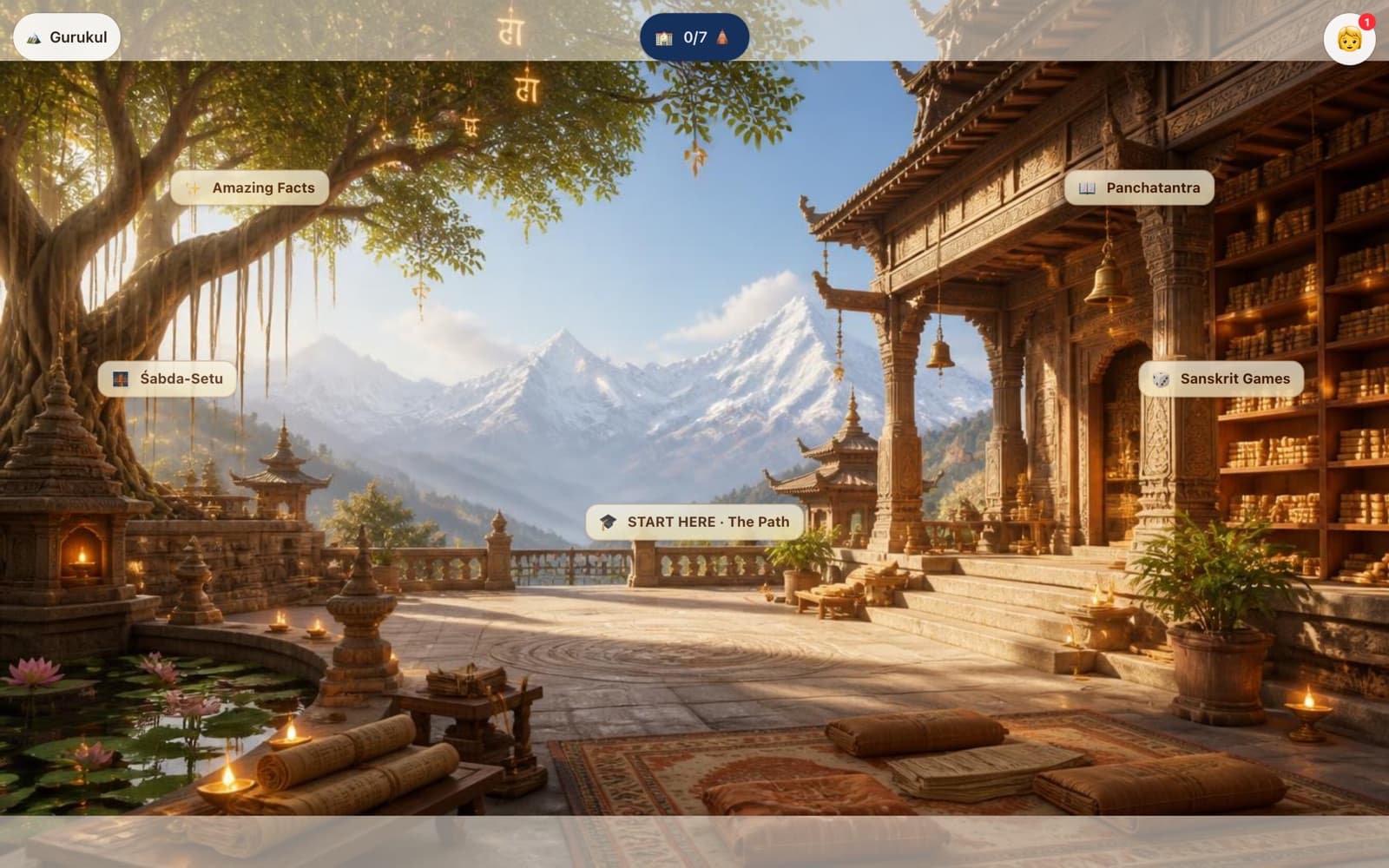 The Sanskrit world inside Nepali Gurukul — a Himalayan temple library with the सोपान path, Śabda-Setu, and Sanskrit games